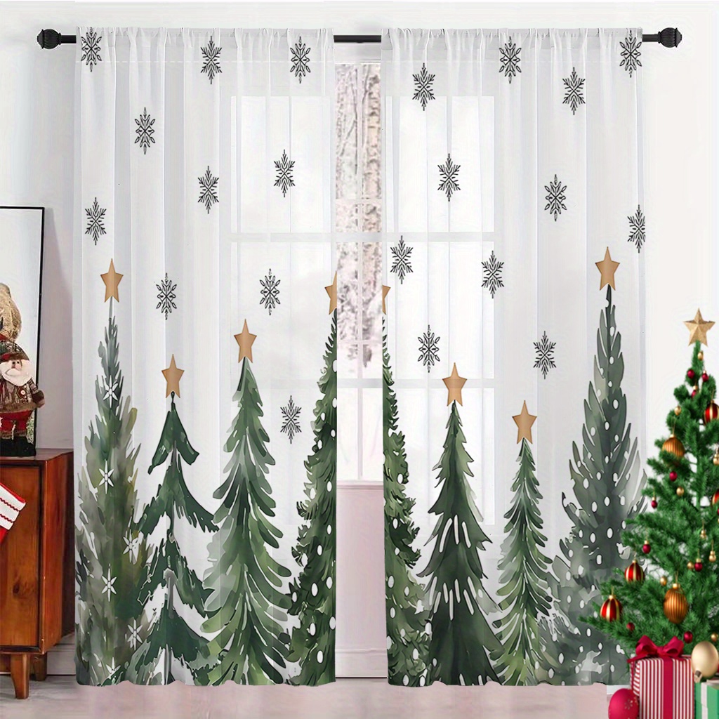 Curtain Rods - 2PCS Christmas Winter Sheer Curtains, Green