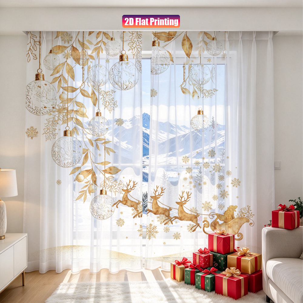 Curtain Rods - 2PCS Christmas Winter Sheer Curtains, Reindeer
