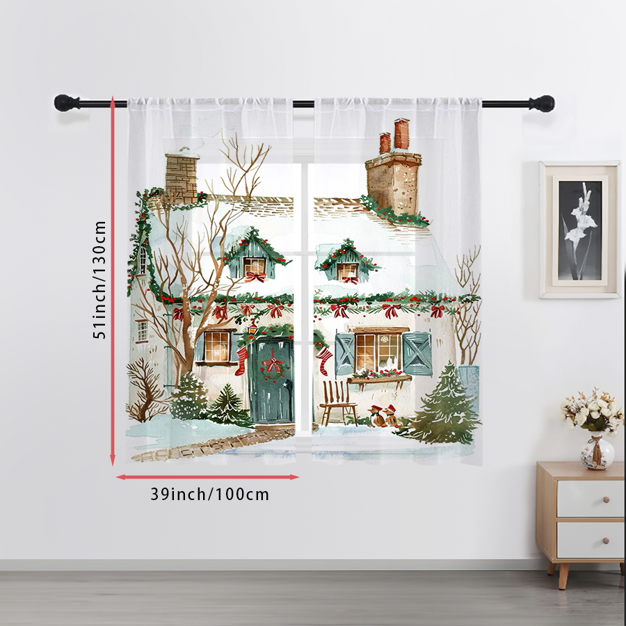 2PCS Christmas Winter Sheer Cu - Curtain Rods 评论和价格