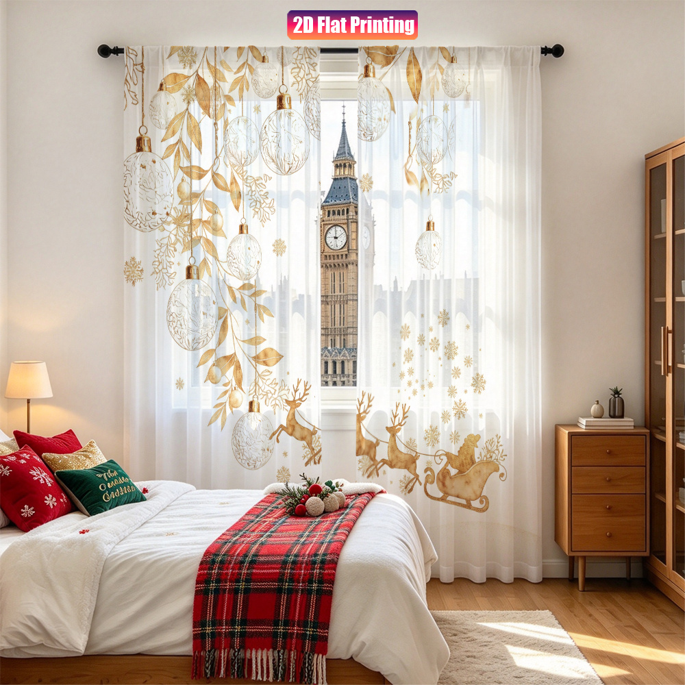 2PCS Christmas Winter Sheer Cu - Curtain Rods 评论和价格